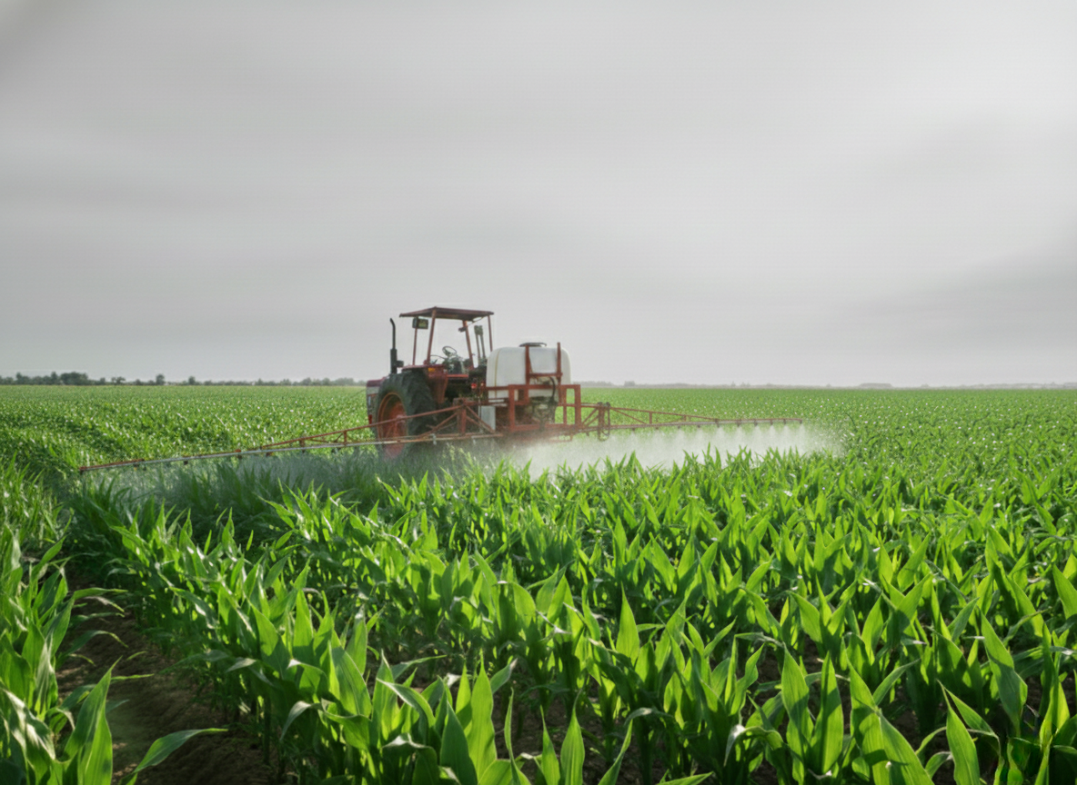 Tractor fumigando plantación de maíz